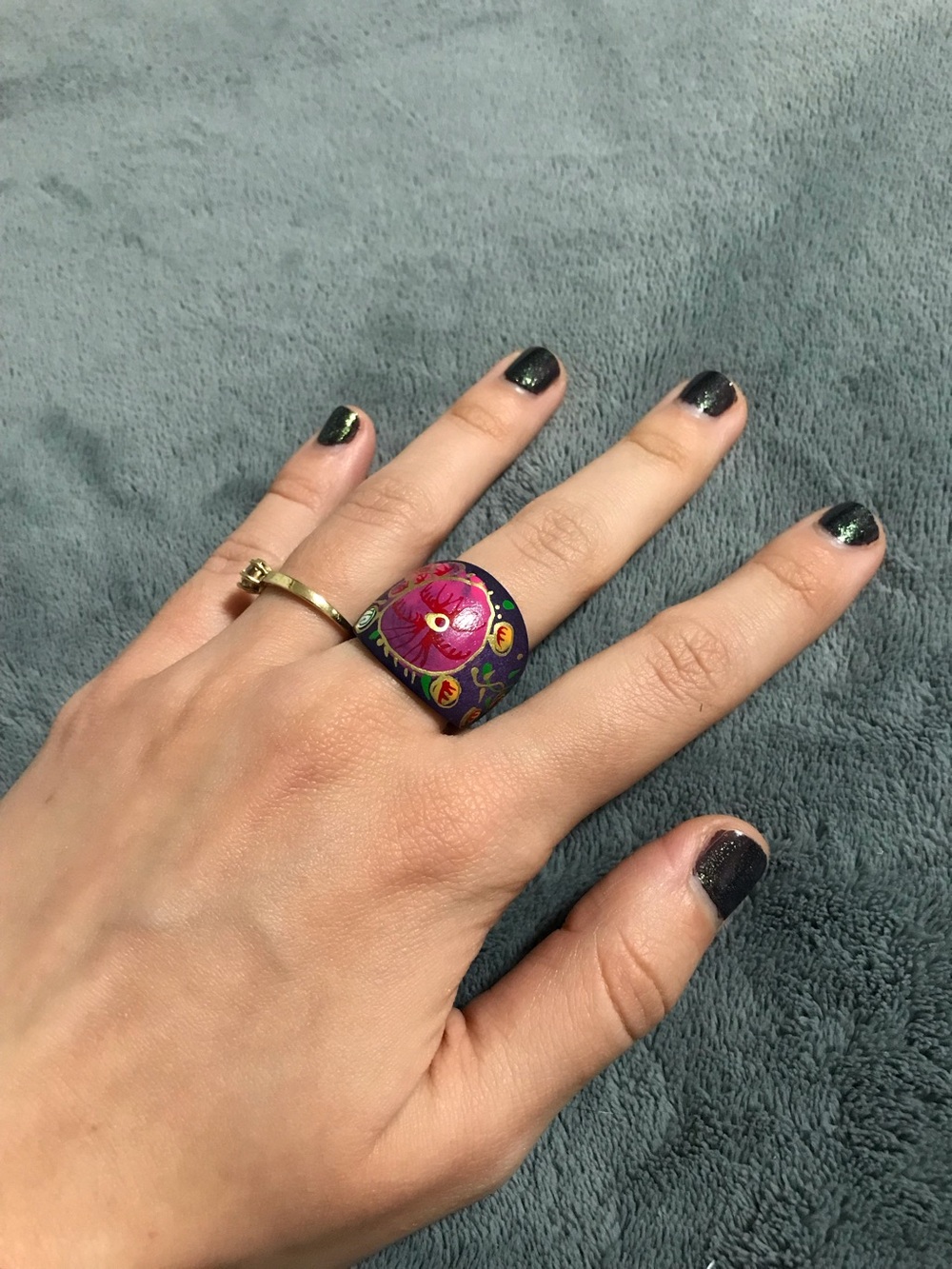 Purple Hand Painted Wood Statement Chunky Ring Floral Design Size 7
